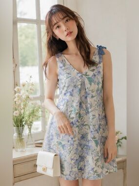 SNIDEL Drawing Flower A-Line Dress Floral Mini Blue Ribbon Size 0 Japan 2017
